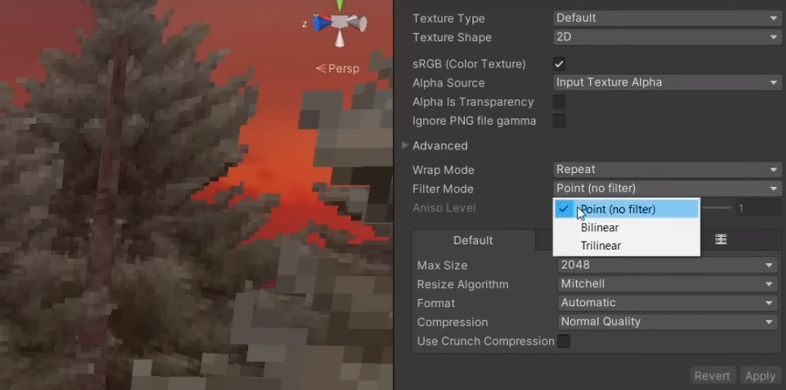 Налаштування імпорту зображення Unity для ретро-вигляду.
